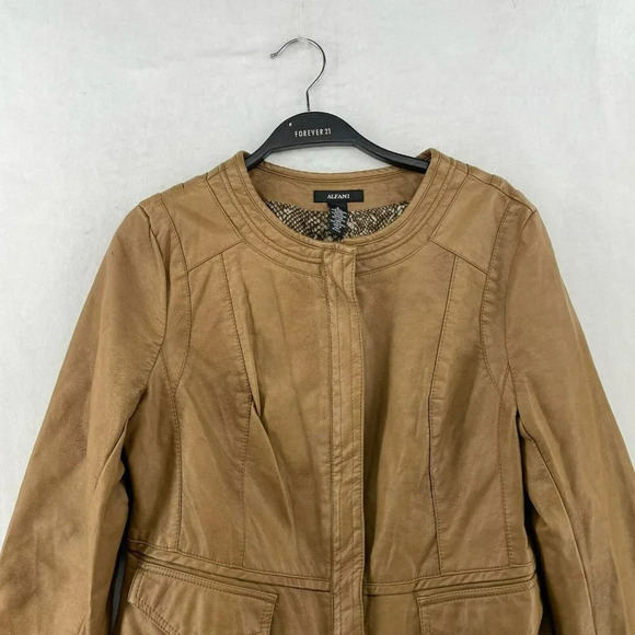 Alfani Jacket Women's Sz S Brown Camel Faux Leather Snake Print Lining Pockets - Picture 6 of 11